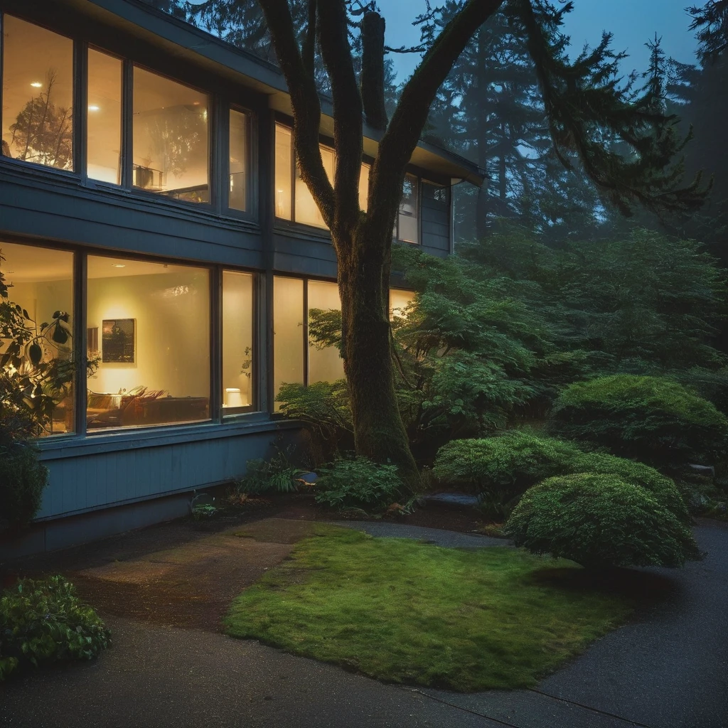 ((mid-century modern living room)), dim light, (foggy rainy evening:1.2), pacific northwest, (dim light:1.2), (moody light:1.3), real animal, big tree, many trees, (foggy window): 1.2), masterpiece of deep sadness, best quality, twilight hour, blue hour