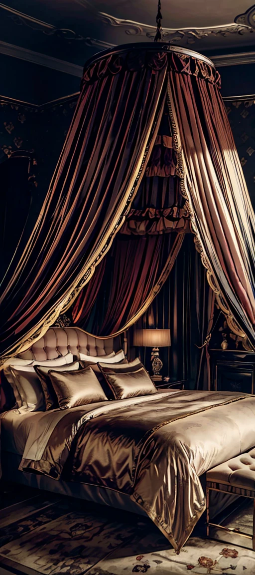 Best quality, masterpiece, ultra high res, raw photo, beautiful and aesthetic,deep shadow, dark theme,(ultra detailed:1.3), divine, royal bedroom, indoors, luxurious palace, luxury bedroom, canopy bed, full of curtains, pillows, jewelry, candlelight, queen bedrooms, pink room