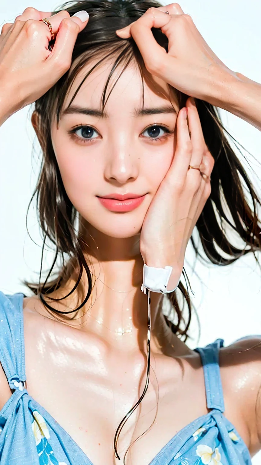 (masterpiece), (Highest quality), (Very detailed),(Disheveled Hair),(shape), (One Girl), (bikini), Are standing, Fashion Model, View your viewers, (interview), (Beach),Beautiful details, Delicate and beautiful face, floating,(High chroma),(Colorful splashes),Colorful bubbles,(The Shining), Focus on the face, Hair Ring, Floating Flowers, Floating Hair, (The Shining), Best lighting, Best Shadow,