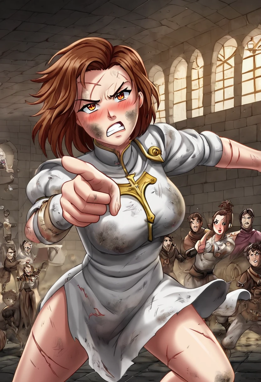 Adult female, dark fantasy, very short brown hair, red irises, cleric, black on white cleric robes, blushing, angry, dungeon, pointing, running from monsters, highly detailed, high quality, perfect eyes, dirty, cuts, incredible background detail