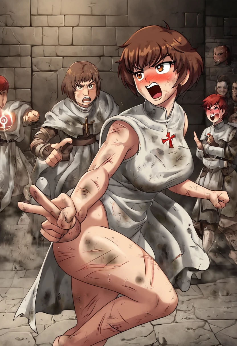 Adult female, dark fantasy, very short brown hair, red irises, cleric, black on white cleric robes, blushing, angry, dungeon, pointing, running from monsters, highly detailed, high quality, perfect eyes, dirty, cuts, incredible background detail