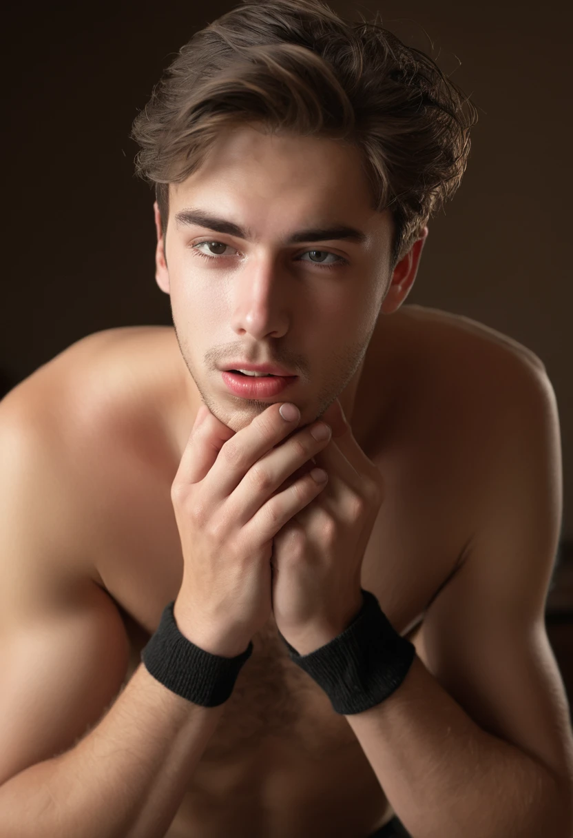 “Create a hyper-realistic, high-quality image with natural lighting and precise detail. The setting should be an intimate and comfortable environment, like a room with soft lighting. Generate an image of an attractive, well-defined young man, in an intimate setting, expressing arousal. He must be holding a used sock close to his face, smelling deeply, with an expression of ecstasy and visible lust on his face. Focus on the expression of pleasure and extreme excitement, half-closed eyes, open mouth and heavy breathing, conveying intense satisfaction with the smell of socks. Socks should look worn and dirty, with visible details of wear and dirt, accentuating the boy's fetish.”