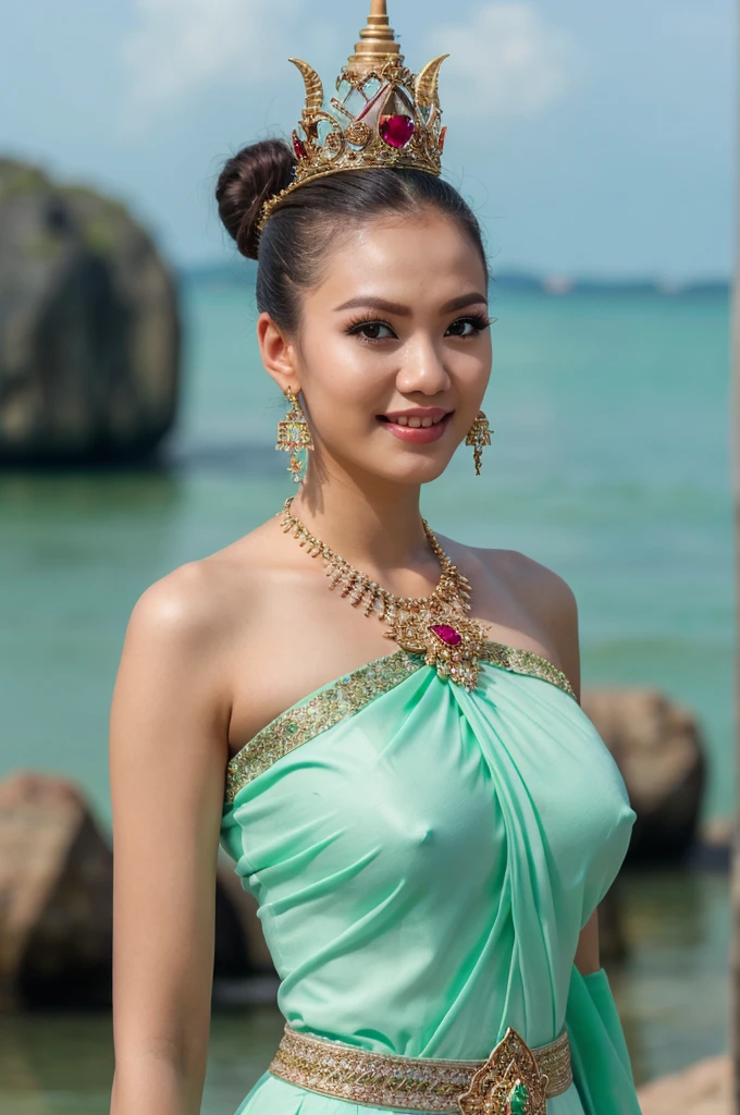(masterpiece), best quality, ultra high res, , (princess:1.3), standing, (NSFW), lace underwear, beautiful face,( thailand tradition house:1.3),,(cute girl:1.3), ( thai mint green ombre detailed traditional dress:1.3),(traditional body strap:1.2) big ,detailed background , gloves, hair bun, , big hair_ornament, ear ornaments, ear peice, ear jewelries, big crown, big jewelry, hair_stick, jewelry, necklace, bracelets, arms jewelry, (seductive:1.3), ( looking at viewer:1.5) , ocean,flowers, beautiful day, close eyes, enjoying the breeze ,beautiful smile, big breast, in the water, sitting back view
