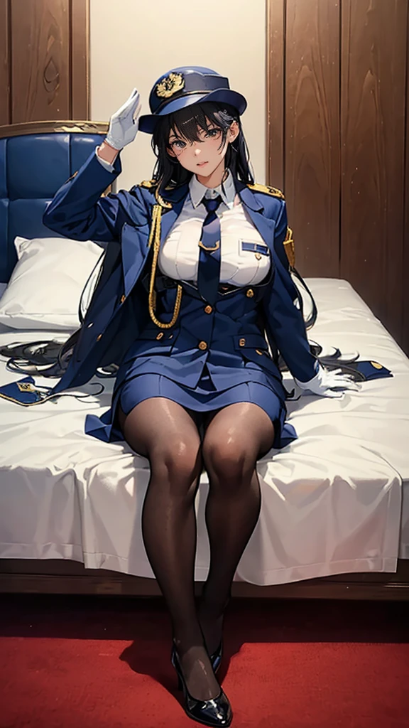 Highest quality、masterpiece、8K、Realistic、超High resolution、Very delicate and beautiful、High resolution、Cinema Lighting、medium range shooting、Perfect female body、Beautiful woman、Mature Woman、Beautiful Eyes、(((In heat、aroused、in heat)))、break ((Female police officer、紺色のFemale police officer、Uniform Buttons、Navy blue tie、Uniform jacket、White gloves))、Black Pantyhose、Pencil Skirt、Stiletto heel pumps、Police Badge、Epaulettes、break Bent body、Lie in, Look to the side, (Worried face, Drunk look、Hot body、Sweaty)、bedroom、Lying on the white sheets of a bed、Playing with your body、