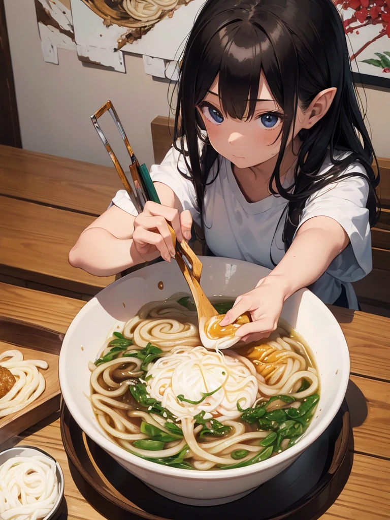 High resolution, 8K Ultra HD, ((ink and painting)),J((one girl elf)), inside japanese soba restaurant. An elf is eating, very wide udon served in a small bowl. There is nothing in the colander except white udon. A black-haired elf , naked.
