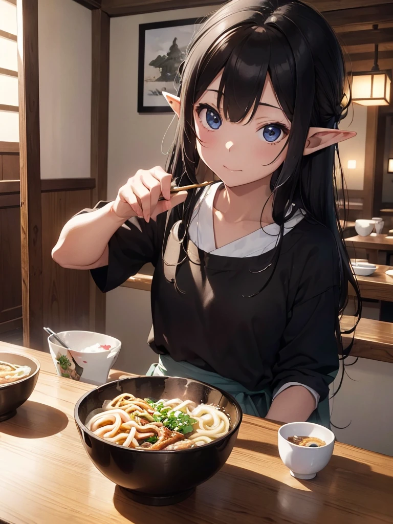 High resolution, 8K Ultra HD, ((ink and painting)),J((one girl elf)), inside japanese soba restaurant. An elf is eating, very wide udon served in a small bowl. There is nothing in the colander except white udon. A black-haired elf , naked.