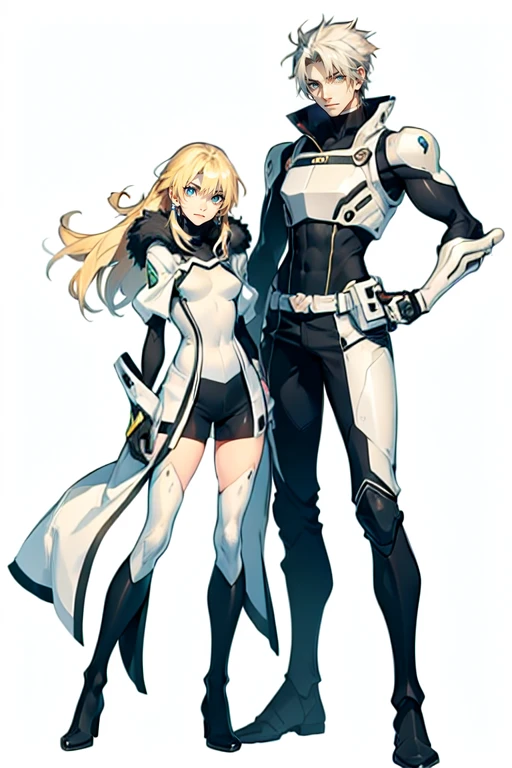 1 man and 1 women (tall man, slim, manly, dominate,  man has white messy hair, man has yellow eyes, tough, wearing a sci-fi outfit.) (a thin woman, long blonde hair, green eyes, wearing scifi outfit) best quality, adorable, ultra-detailed, illustration, complex, detailed, extremely detailed, detailed face, soft light, soft focus, perfect face. illustration. two people, couple: Full body 