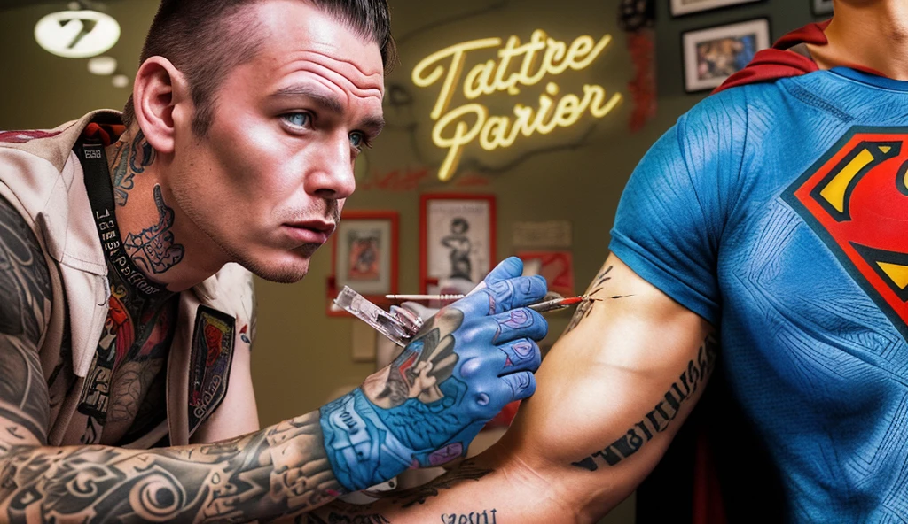 slack jawed , bewildered confused tattoo artists giving superman a tattoo in tattoo parlor