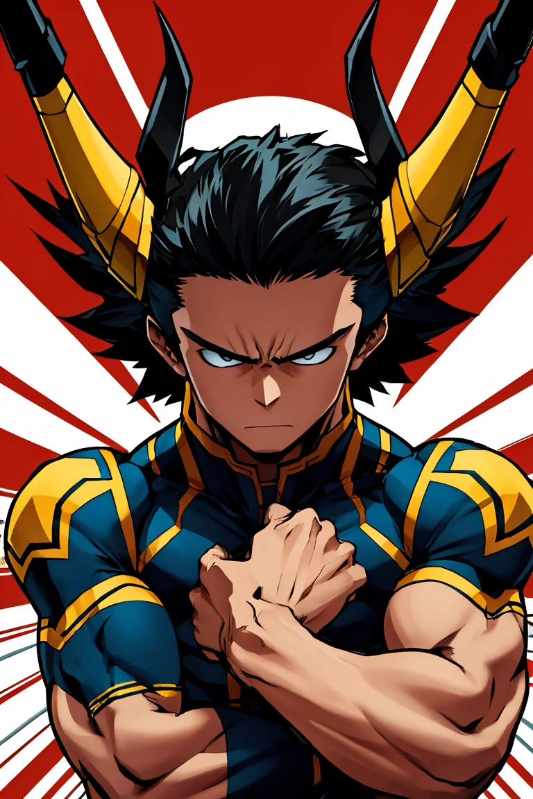 a muscular man with black hair, brown horns, strong arms, cylinders in his hands, serious expression, wearing a helmet