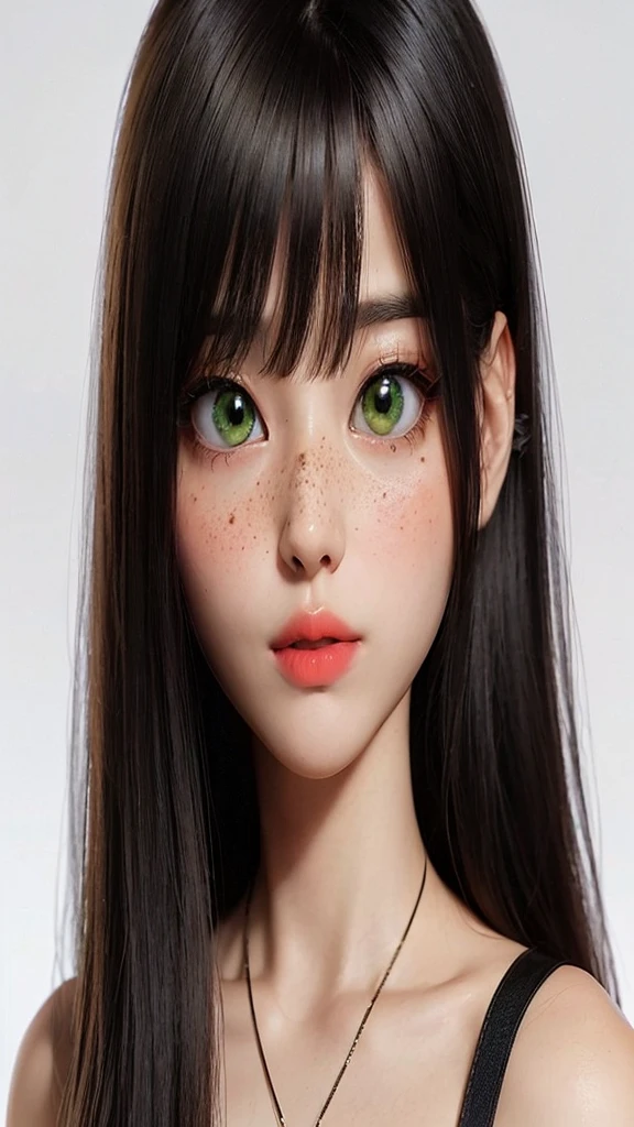 sex: Female One,
eyecolor: Green,
Hair type: oriental smooth, black, with slightly broken bangs.
Face shape: round cute oriental,
nacionality: on Korean, kor: 17 yr old. Skin: Korean normal, hair size: average,
eyelash size: averages.
outlined "pussycat", red lipstick and a little freckles, Wearing a dress "strapless dress" black