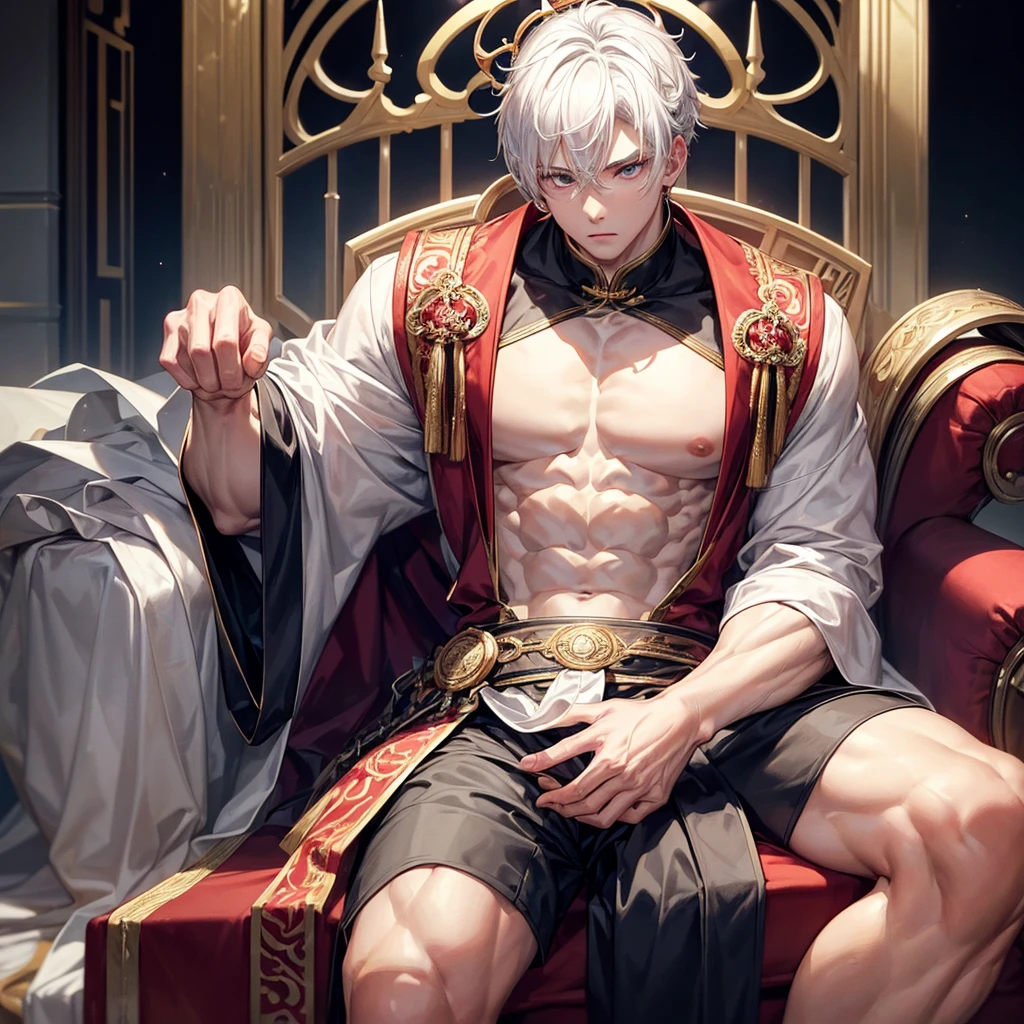 (Best Quality, Masterpiece), 1 boy sitting on an elegant throne, muscular chinese. muscled body. White hair, crown on his head, big eyes with red irises, very pale, You can see his torso with a king&#39;s suit. Jewelry on your clothes and body.