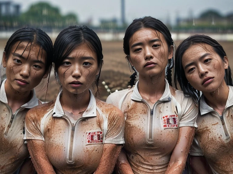 (A plain white short sleeved dirt stained field hockey uniform with a very tight white half zip:1.7)、(A large, dirt-stained, white, square collar: 1.6)、(Red clay ground:1.5)、My hair is wet and messy、(Beautiful Japanese woman covered in dirt:2.4)、Highest quality, masterpiece, Ultra-high resolution, Photorealistic, Raw Photos,Detailed face,(All women with muscular arms:2.0), (Fastener open: 1.8), (Upper body zoom up:1.0),(Everyone wears the same clothes:1.0), All members are super beauties, (Three beautiful Japanese women standing in a row facing the camera: 1.5), (Hair tied up: 1.4), (Exhausted expression: 2.0), Bright photo, (My whole body is drenched in rain: 1.7)
