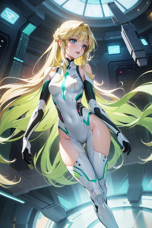 a thin woman with long blonde hair, woman has green eyes, sexy sci-fi outfit . best quality, adorable, ultra-detailed, illustration, complex, detailed, extremely detailed, detailed face, soft light, soft focus, perfect face. illustration:full body