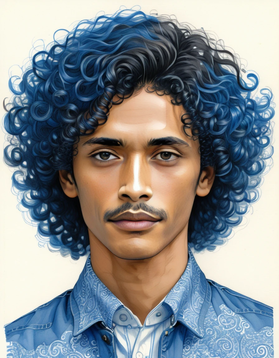 The image depicts a detailed pen sketch of an individual from the shoulders up. The face of the individual is obscured by a solid blue rectangle, making it impossible to identify any facial features. The hair appears to be curly or wavy and is depicted with numerous intricate lines and swirls that create a sense of volume and texture. The individual is wearing what seems to be a collared shirt and jacket, also rendered in fine lines that suggest folds and creases in the fabric.