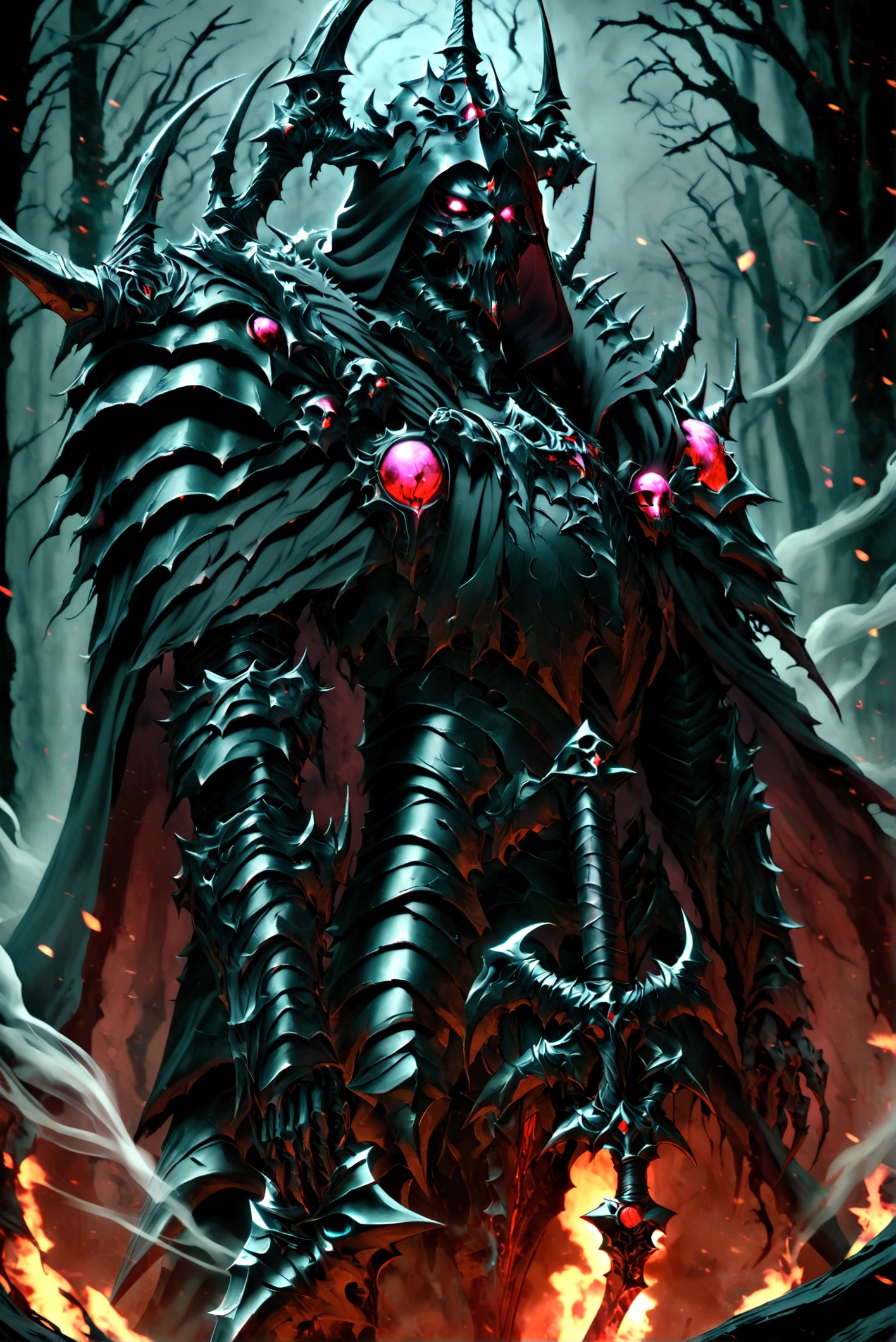 Create an image of a skeleton knight standing in smoke, neon ruby eyes, smoke coming from its mouth, upper body, looking at the viewer, true black cloak, true black death knight armor, ruby ornaments, glowing ornaments, true black cape, true black hood, evil demonic intentions,