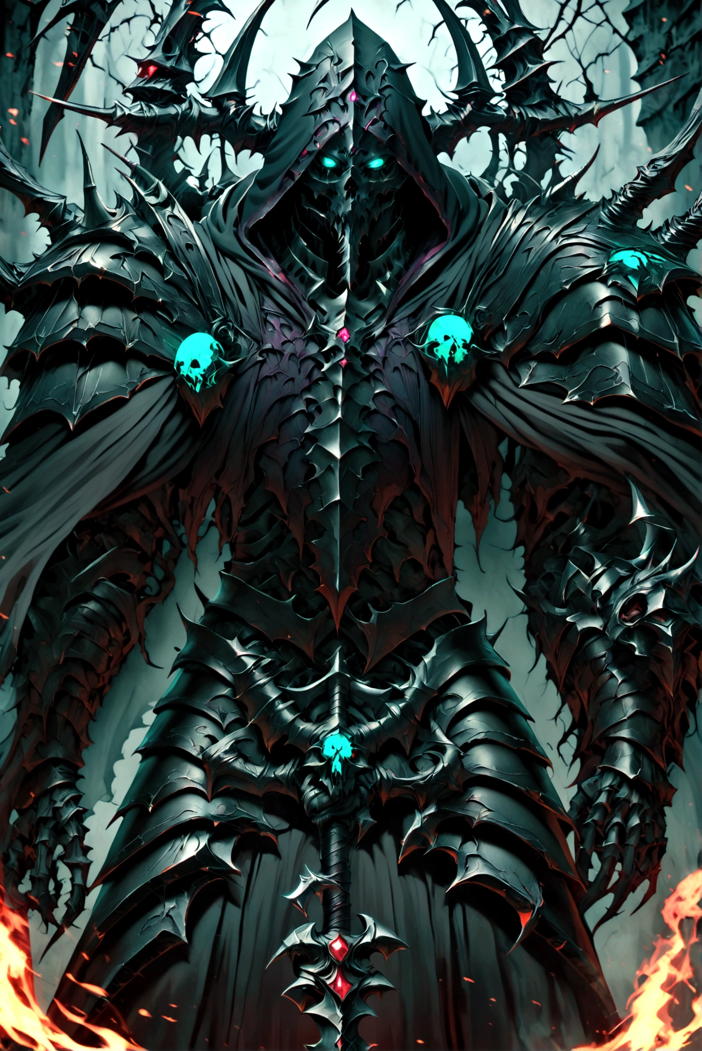 Create an image of a skeleton knight standing in smoke, neon ruby eyes, smoke coming from its mouth, upper body, looking at the viewer,  true black cloak, true black death knight armor, ruby ornaments, glowing ornaments, true black cape, true black hood, evil demonic intentions,