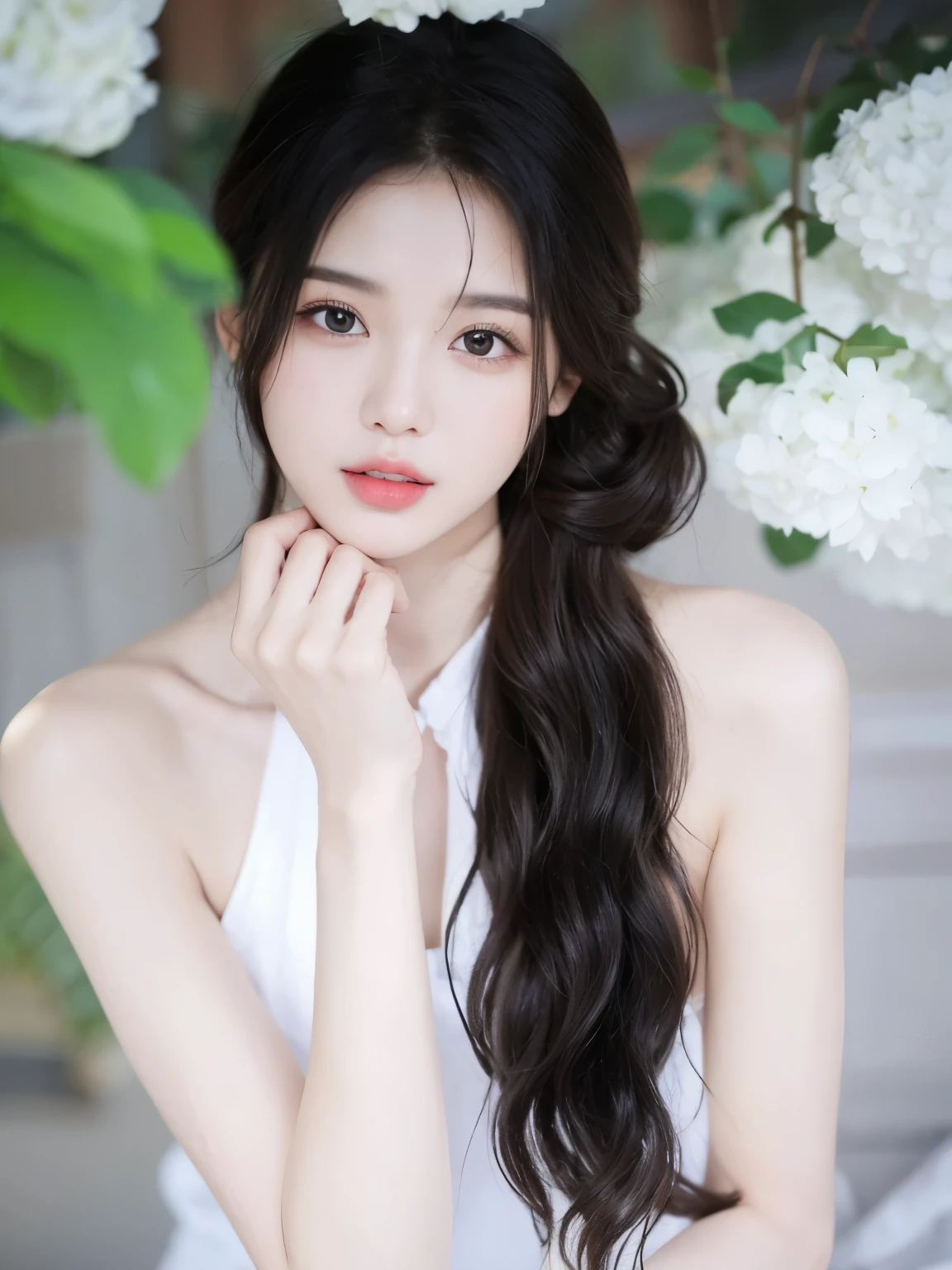 masterpiece,Best quality,Girl with black curly hair,Long curly hair,Very curly hair,Flowing long hair,Facing the camera,Middle-parted bangs,Sweet girl,Exquisite facial features,20 years old,Chinese Girl,