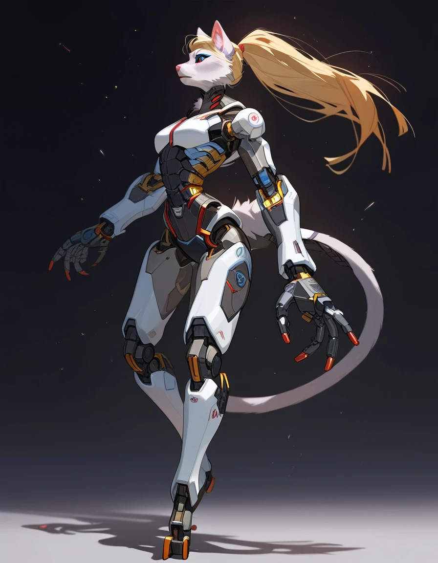 , score_9,score_8_up,score_7_up, (The ultra-detailed)、8K、(Very noble and beautiful))、Cinematic Light、((1 Mechanical anthropomorphic feline girl, Kat, blonde hair in a ponytail, pink nose, :3, silver fur, )) black ceramic body、luminescent android blue eyes, black sclera 、(Mechanical joint:1.4)、((Mechanical limb)), (Mechanical spine attached to the back))、((Mechanical cervical vertebrae attached to neck)), neon details、Science fiction、full body shot, The background is Cyberpunk City、close up