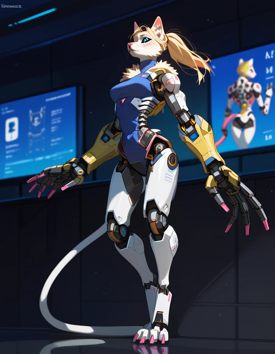 , score_9,score_8_up,score_7_up, (The ultra-detailed)、8K、(Very noble and beautiful))、Cinematic Light、((1 Mechanical anthropomorphic feline girl, Kat, blonde hair in a ponytail, pink nose, :3, silver fur, )) black ceramic body、luminescent android blue eyes, black sclera 、(Mechanical joint:1.4)、((Mechanical limb)), (Mechanical spine attached to the back))、((Mechanical cervical vertebrae attached to neck)), neon details、Science fiction、full body shot, The background is Cyberpunk City、close up