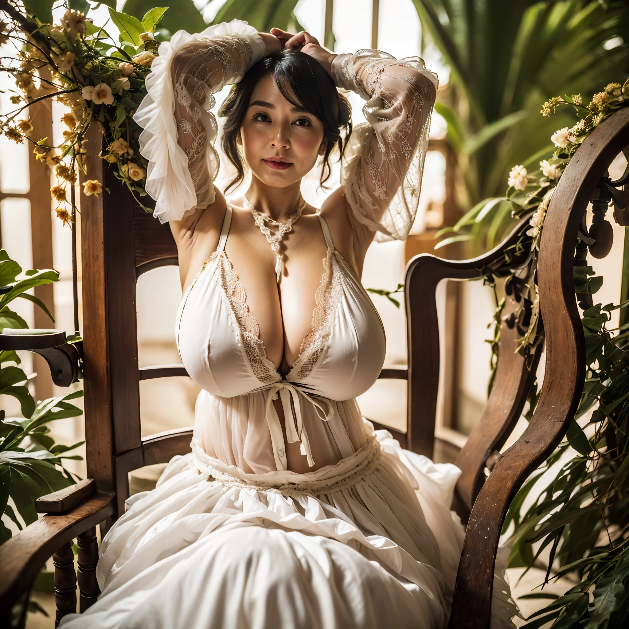 NSFW, ((highest quality)), ((8K)), ((masterpiece:1.3)), (be familiar with), perfect face, no underwear, hairy pussy, ((japanese woman)), (Married woman), ((37 years old)), wavy hair, hair bunches, flowers in her hair, (( giant big big sagging breasts:1.6 )), large hips, slim waist (((Layering petticoat dress and no underwear))), ((Silk petticoat dress)), flashing hairy pussy, (Transparent white pericoat dress:1.05), (white lacey detailed bra:1), (2 sets of shoulder straps), (Bunty), (wrinkles on the face:1.2), ((wrinkles at the corners of the eyes)), A slightl smile look, (lips slightly open), (Look diagonally forward to the left:1.3), (Long wavy hair), double upper eyelid, (whole body), sitting on a baroque cream velvet 1800s arm chair with legs open, touching, barefoot, arms up begind head, stretching, view from slightly below