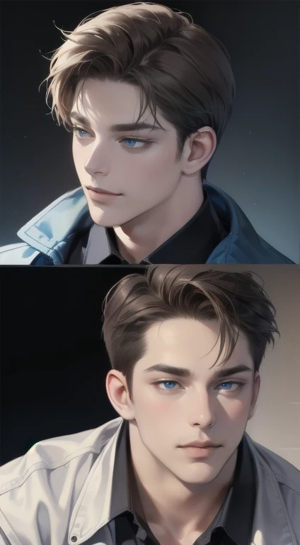 masterpiece, best quality, realistic, 1man, mature male, quiet and charming young man, 35 years old, close his eyes, serious look, ((expression smile in love)) extremely detailed face, smirk, ((dark blue eyes)), ((short-right-swept dark brown hair)), [thick eyebrows], detective, Black background, cinematic lighting, background size is more than the man.
