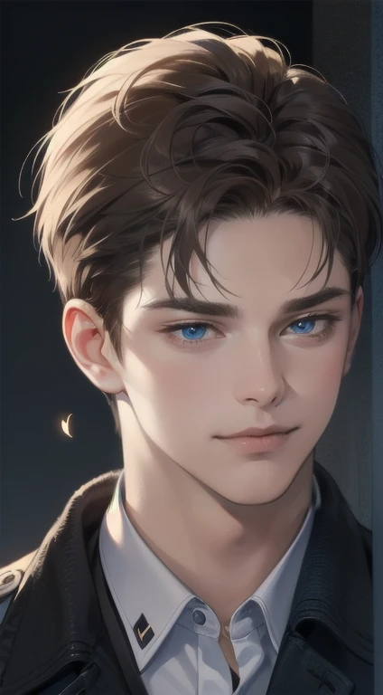 masterpiece, best quality, realistic, 1man, mature male, quiet and charming young man, 35 years old, close his eyes, serious look, ((expression smile in love)) extremely detailed face, smirk, ((dark blue eyes)), ((short-right-swept dark brown hair)), [thick eyebrows], detective, Black background, cinematic lighting, background size is more than the man.