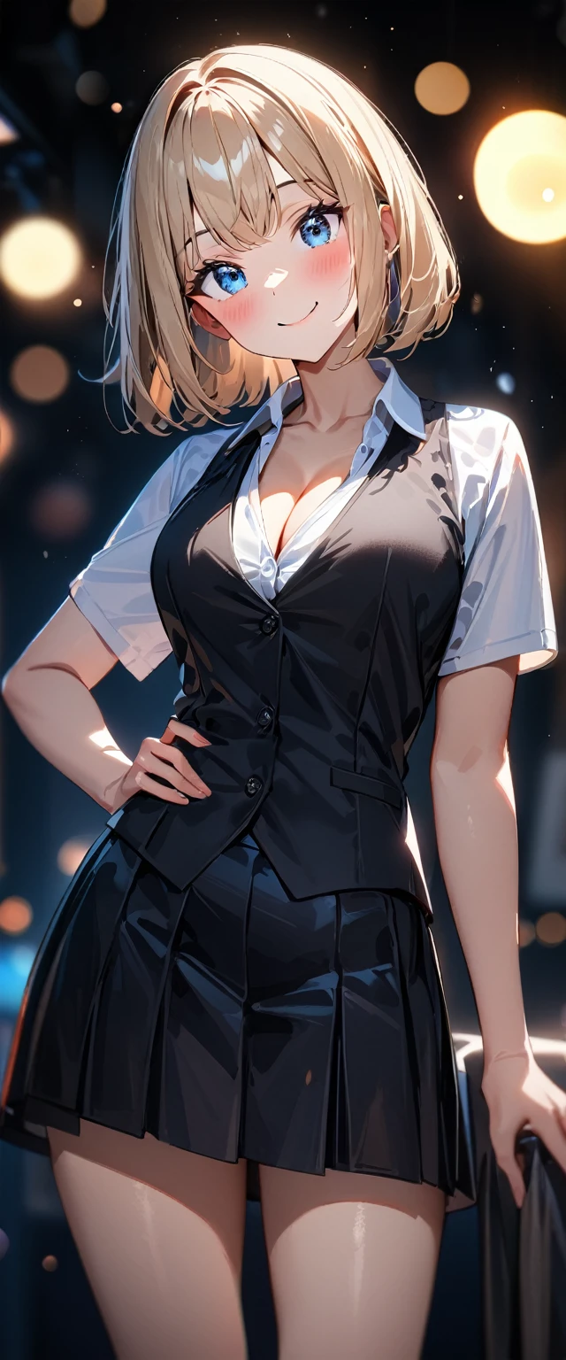(((One girl))), blond hair, bob cut, (cowboy shot), (looking at viewer), (cleavage), face in focus, ager, head tilt:1.3, (((blue eye))), ((happy smile)), ((blush)), contrapposto, one hand on hip, school summer uniform, white shirts, ((black tie under the waistcoat)), skirt, black waistcoat, anime style, (best quality, 4k, 8k, highres, masterpiece:1.2, ultra-detailed, ultra-detailed eyes, HDR, UHD, studio lighting, ultra-fine painting, sharp focus, physically-based rendering, extreme detail description, professional, vivid colors, bokeh)