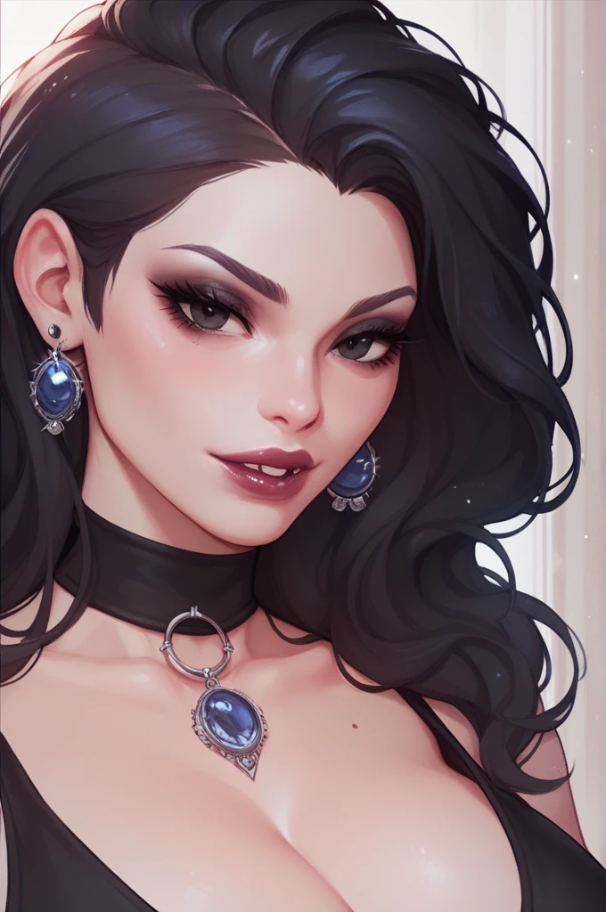 an woman with the bearing of a madame in a velvet dress , with black eyes ,Gothic,big breasts , earrings ,close up sharp jawline