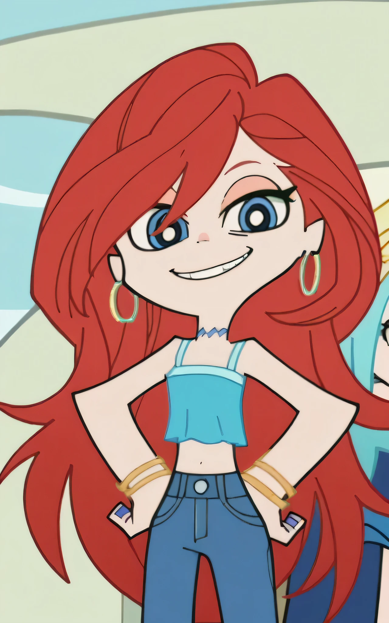 p&s style, rating_safe, score_10, sharp, anime screencap, flat shadows, flat colors, chelsea, 1girl, midriff, upper body, choker, smile, jewelry, very long hair, standing, red hair, earrings, shoes, pants, blue eyes, aqua ruffle crop top, denim, blue nails, jeans, hoop earrings, blue pants, high school park background, looking at viewers, solo, hands on hip