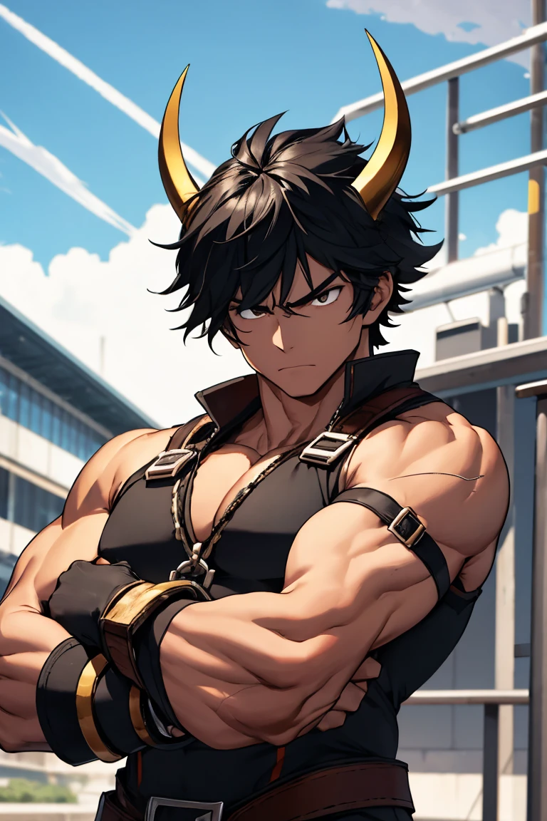 a muscular man with black hair, brown horns, strong arms, cylinders in his hands, serious expression, wearing a helmet