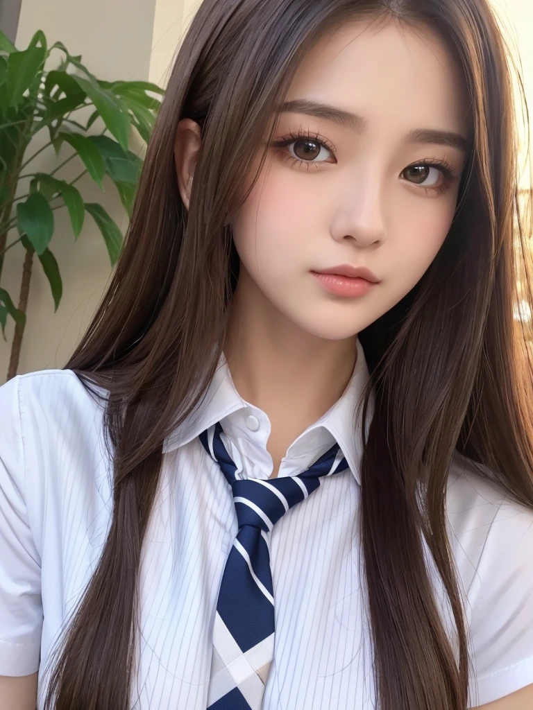 (Tabletop:1.4, Photorealistic:1.4, 8K), Highest quality, masterpiece, Ultra-high resolution, Perfect dynamic composition, Big Face、Round face、((Light brown hair, Long Hair, Layered Hair))、Highly detailed skin and facial textures:1.3, Limb details, 1 Girl, Cute sexy 22 year old woman, (Sunburn:1.0), ((Totally captivates you:0.9)), ((school uniform, White collar short sleeve shirt, Striped tie)),Medium Chest, (Distant eyes, Beautiful Eyes, Brown eyes、Beautiful erotic eyes:0.85), Sexy Face:0.4, (Mouth closed、Small Mouth、Thick lips、A taste of beautiful eroticism:0.85), ((Too cute beauty:0.9))、Gal Makeup、((Extreme close up))