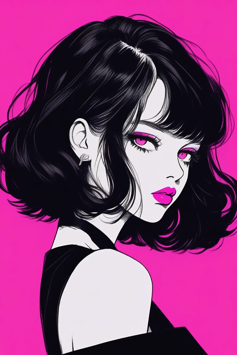 (best quality, sketch:1.2),realistic,illustrator,anime,1 girl, detailed lips, pink lipstik, black dress,custom, (background dark monochrome), dark hair,textured cropping, masterpiece, style retro classic, noir dark, art, sketch book, (bob hair black:1.75 neon:1.32), bad women , dark shadows 