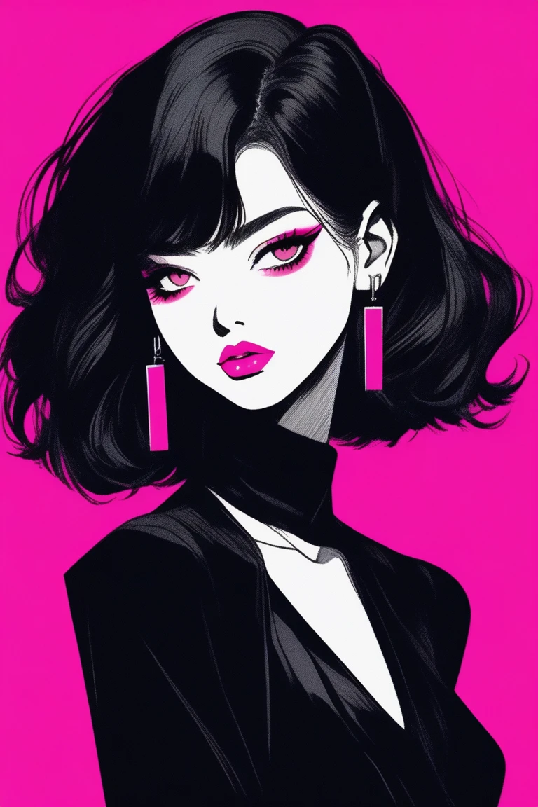 (best quality, sketch:1.2),realistic,illustrator,anime,1 girl, detailed lips, pink lipstik, black dress,custom, (background dark monochrome), dark hair,textured cropping, masterpiece, style retro classic, noir dark, art, sketch book, (bob hair black:1.75 neon:1.32), bad women , dark shadows 