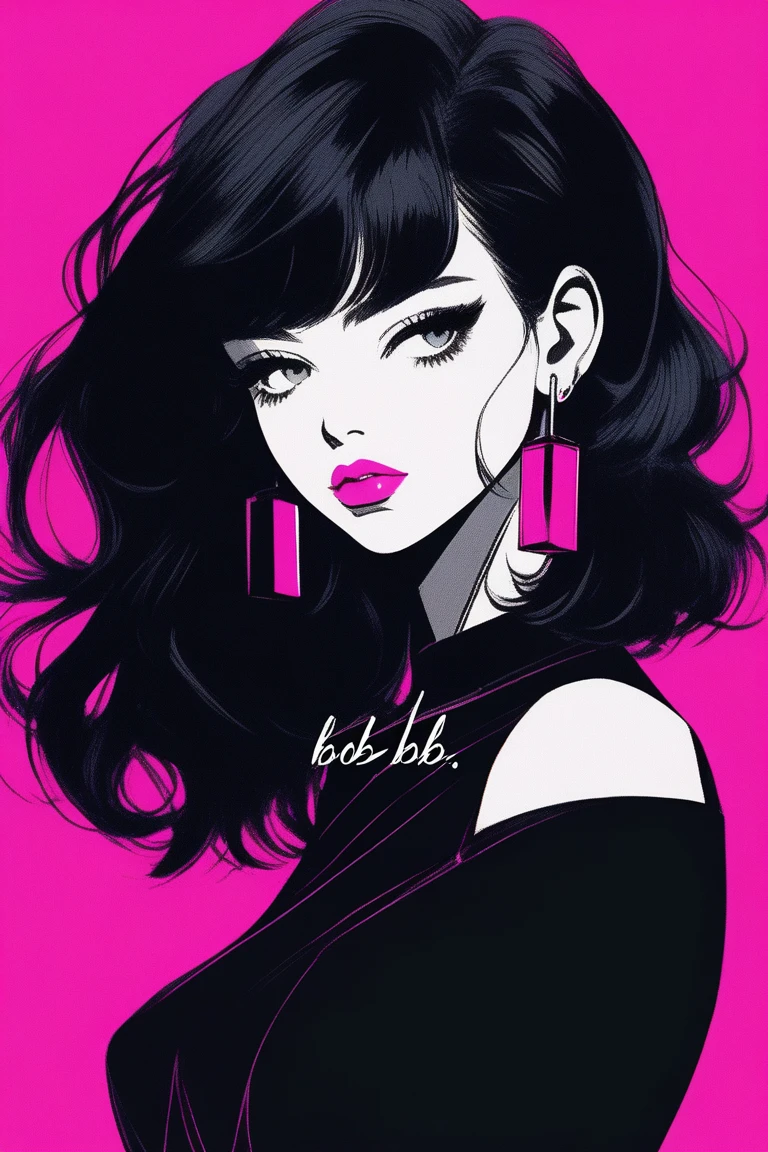 (best quality, sketch:1.2),realistic,illustrator,anime,1 girl, detailed lips, pink lipstik, black dress,custom, (background dark monochrome), dark hair,textured cropping, masterpiece, style retro classic, noir dark, art, sketch book, (bob hair black:1.75 neon:1.32), bad women , dark shadows