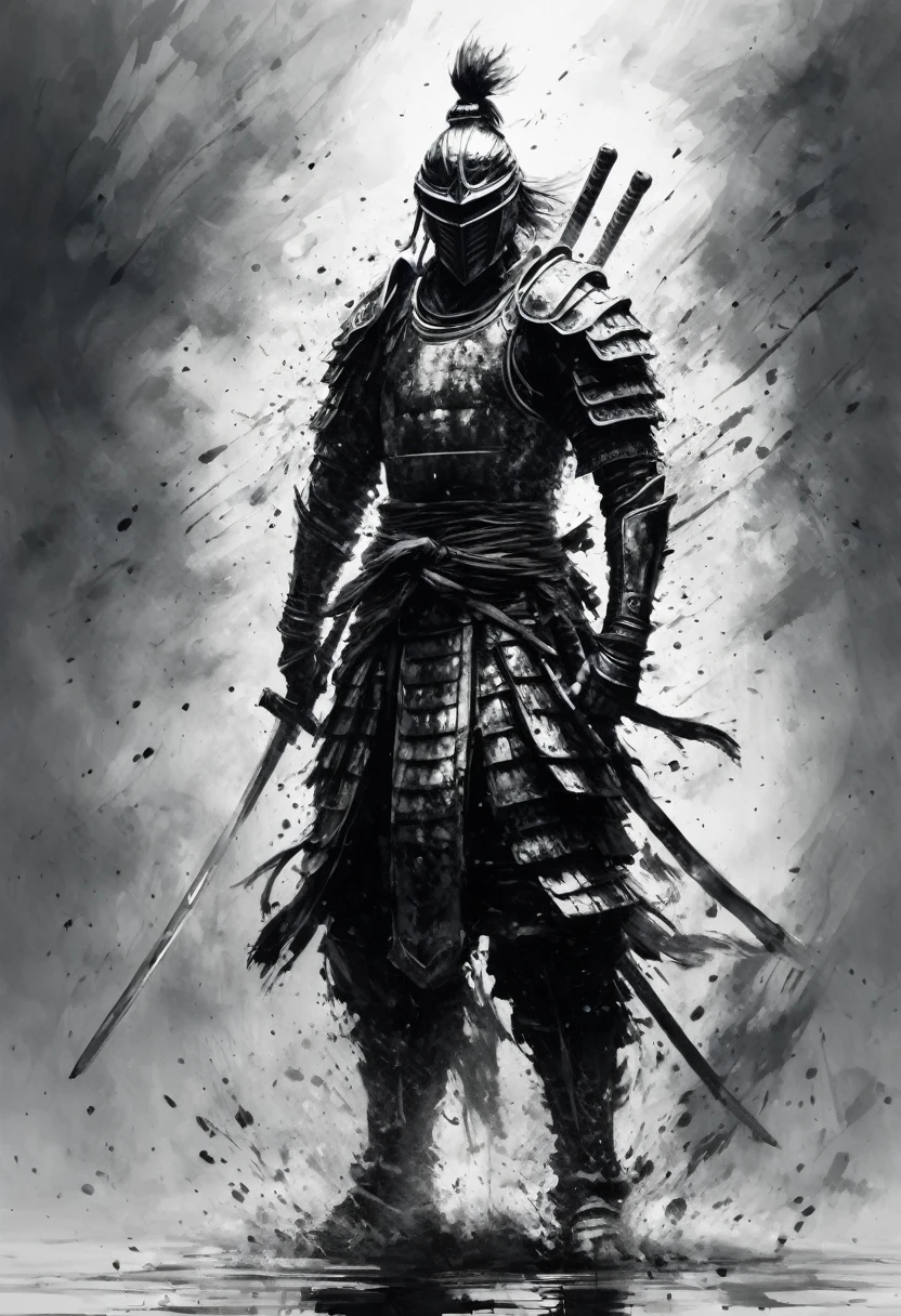 Black and white painting,Ink Painting,splash,(full body,from below,foot focus),Warrior,detailed beautiful face,(Mamba Hair:1.2),Beard,(samurai armor,Detailed Armor:1.1),Expressing backlighting:1.2,
