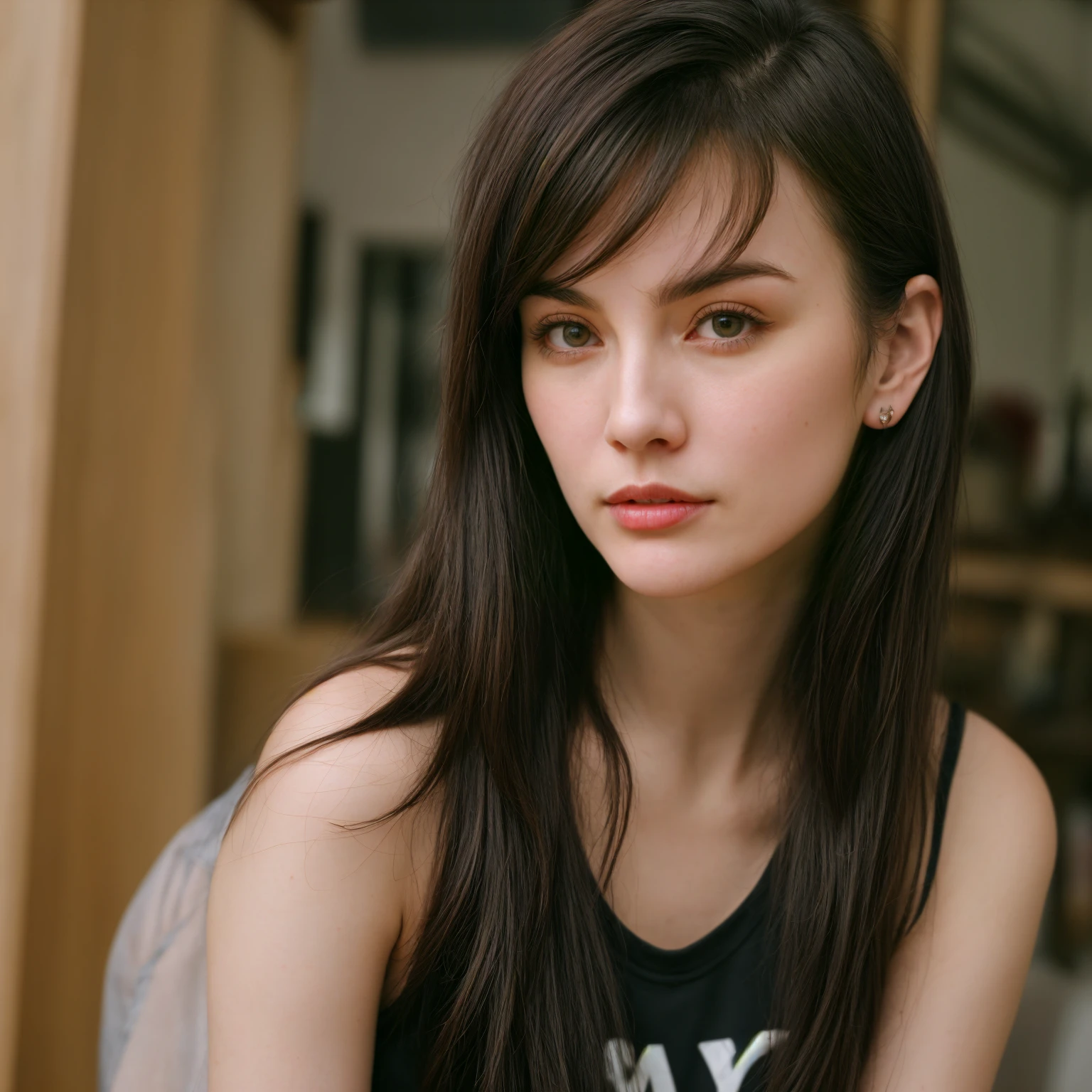 1 girl, solo, Caucasian, Young Woman, photorealistic, RAW image, (Photo of Toni Gonzaga and Michelle Dockery combined), name is Kaya, (((23 years old woman))), (((Hazel eyes))), (((Black hair))), ((long hair)),