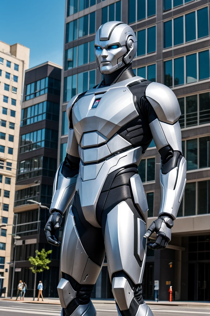 Create a half-human, half-robot man in front of a building 