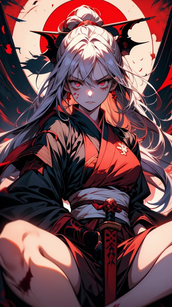 anime girl with a sword and blood splattered on her face, yandere, gapmoe yandere grimdark, gapmoe yandere, by Shitao, onmyoji, demon anime girl, yandere intricate, shalltear bloodfallen, anime style like fate/stay night, portrait gapmoe yandere grimdark, onmyoji portrait