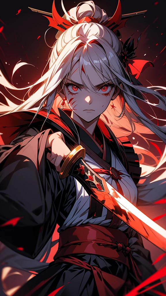 anime girl with a sword and blood splattered on her face, yandere, gapmoe yandere grimdark, gapmoe yandere, by Shitao, onmyoji, demon anime girl, yandere intricate, shalltear bloodfallen, anime style like fate/stay night, portrait gapmoe yandere grimdark, onmyoji portrait