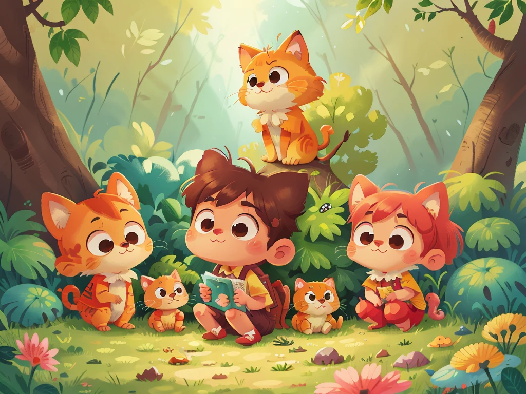 This illustration is a 4K high-definition illustration，The facial features are rich in detail，Cartoon Style，Cartoon Animals 5.1，cute，kitten，Sunlight，on the tree