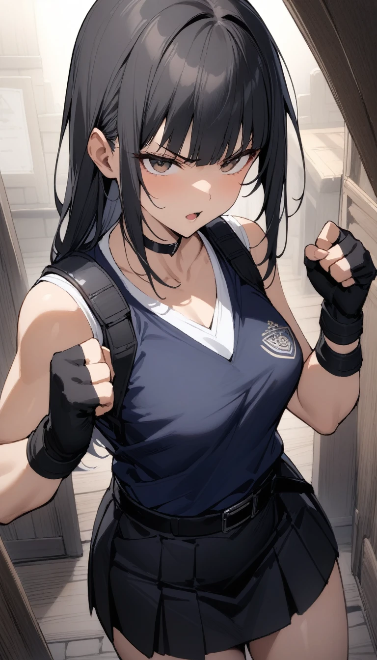 ((Highest quality)), ((masterpiece)), (detailed),cowboy shot , Rin々Policewoman　small breasts 　Mature Woman, ((A black sleeveless police uniform over a white sleeveless U-neck T-shirt)),　Black choker,((clavicle))、Black long hair　Blunt bangs　black pleated mini skirt　black fingerless gloves　V-shaped eyebrows　Combat Stance　Black Belt　Clenched fist　Old tavern