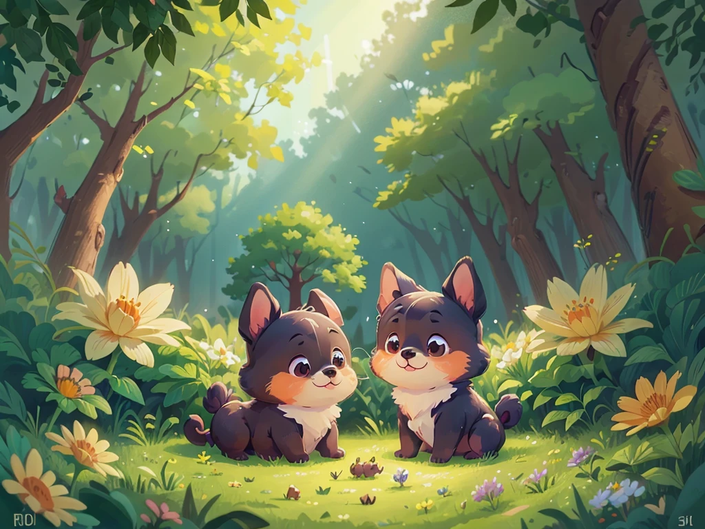 A very cute big-eared dog,Surrounded by beautiful little flowers and nature,This illustration is a 4K high-definition illustration,The facial features are rich in detail,Cartoon Style,Cartoon Animals 1.5,Puppies playing in the forest