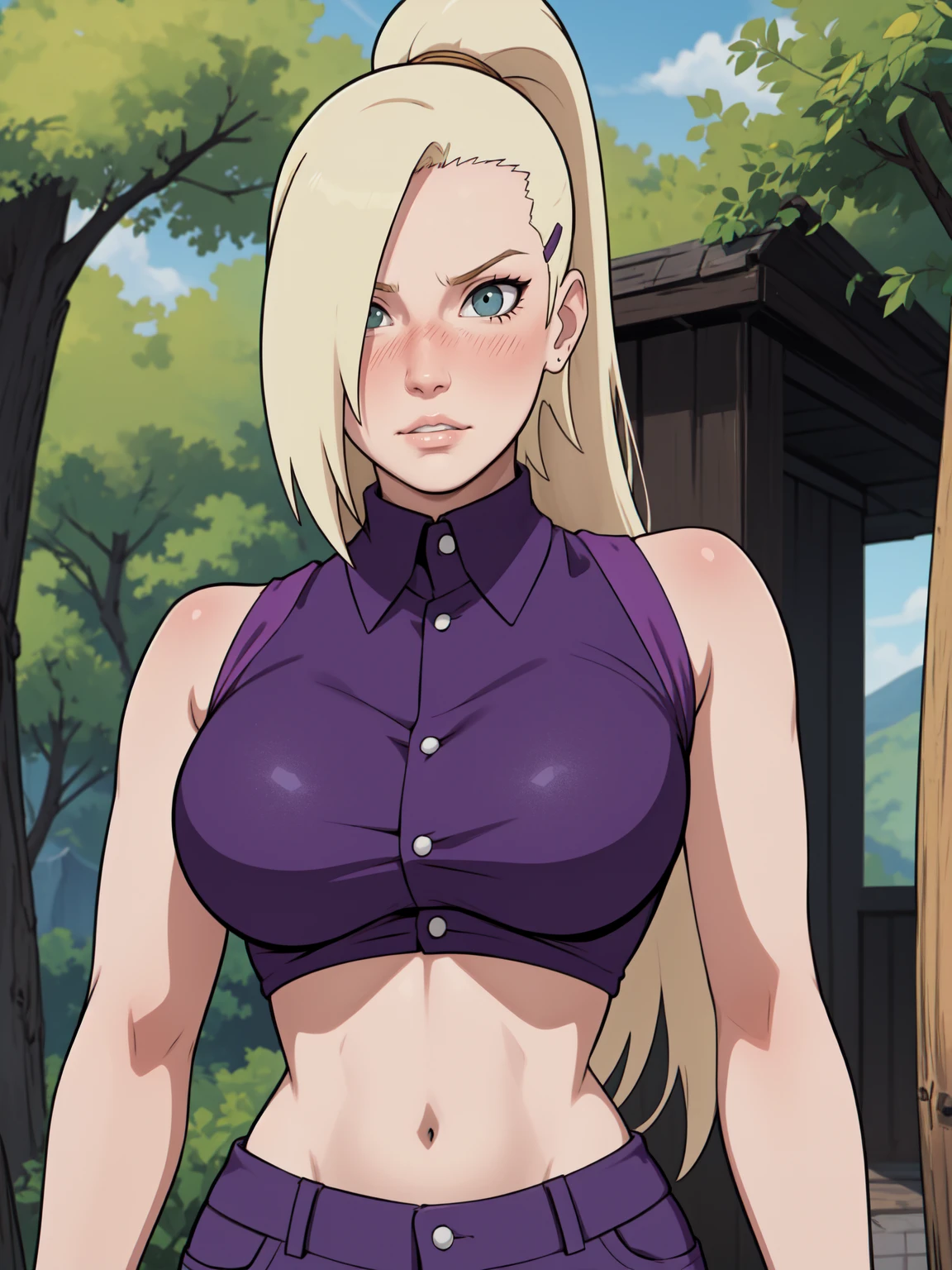 {-erro_de_anatomia:1.0} estilo anime, Masterpiece, absurdities, Yamanaka Ino\(Naruto\), 1girl Solo, woman, Perfect composition, Detailed lips, Beautiful face, body proportion, Blush, Long blonde hair, blue eyes, purple blouse, purple pant, Soft gauze, Super realistic, Detailed, photo shoot, Realistic faces and bodies, masterpiece, best quality, best illustration, hyper detailed, 1 woman, solo, glamorous, blushing, upper body, fighting, on nature, look at the view, dimanic poses, 