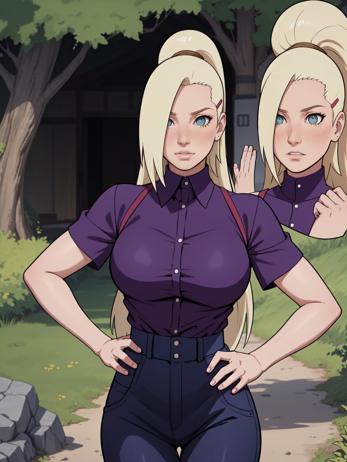 {-erro_de_anatomia:1.0} estilo anime, Masterpiece, absurdities, Yamanaka Ino\(Naruto\), 1girl Solo, woman, Perfect composition, Detailed lips, Beautiful face, body proportion, Blush, Long blonde hair, blue eyes, purple blouse, purple pant, Soft gauze, Super realistic, Detailed, photo shoot, Realistic faces and bodies, masterpiece, best quality, best illustration, hyper detailed, 1 woman, solo, glamorous, blushing, upper body, fighting, on nature, look at the view, dimanic poses, 