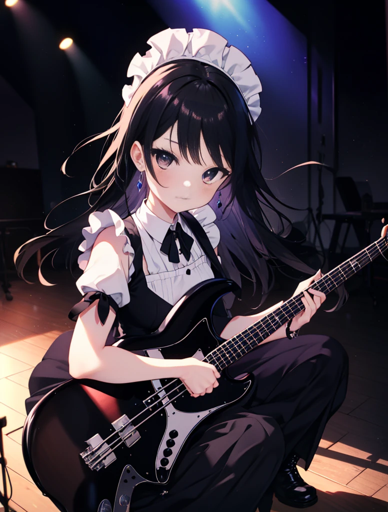 Mount Mimyeon, My Akiyama, (black ruby eye:1.5), Black Hair, Long Hair, Maid，Long skirt，black tights,short boots，Left-handed base(fender jazz bass)play、Rock band concert, Instrument playing, stageパフォーマンス, hot air,Fun atmosphere、Clip Studio、shape of transparency and brightness，close ~ eye、Laughter，stage，On stage，break (Tabletop:1.2), Highest quality, High resolution, unity 8k wallpaper, (shape:0.8), (beautiful and fine eye:1.6), Highly detailed face, Perfect lighting, Detailed CG, (Perfect hands, Perfect Anatomy),