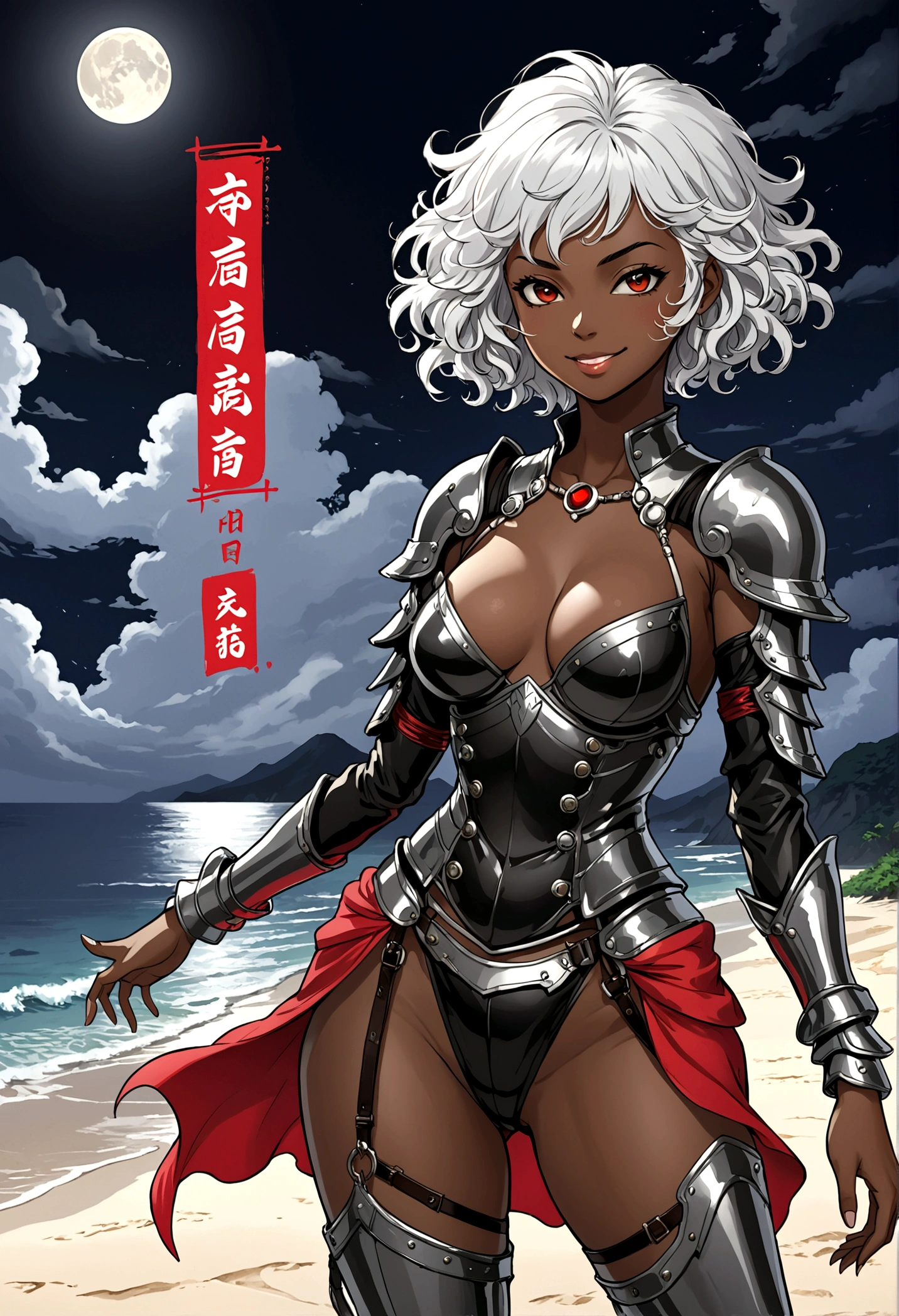 Full body image, african woman, open arms pose walking, face Contempt, evil smile , white hair short curly, full armor dark fantasy sexy armor, Without the panties part, focus on the pussy, sweating, body a little fat, Hyper realistic night beach background, persona 5 manga style, Japanese writing on the edges with Shangri-La written on at the edges