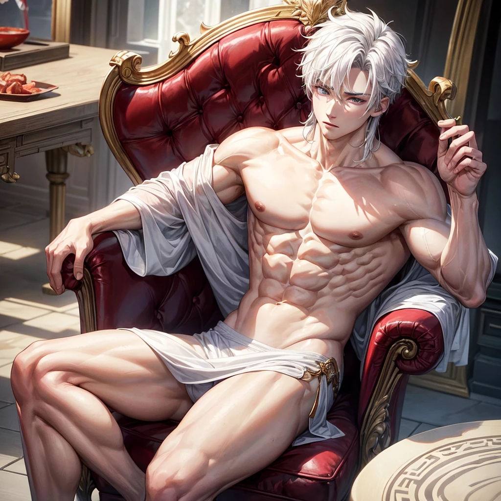 (Best Quality, Masterpiece), 1 boy sitting on an elegant throne, muscular chinese. athletic body. Messy white hair, big eyes with red irises, very pale, You can see his torso with a king&#39;s suit. Jewelry on your clothes and body.