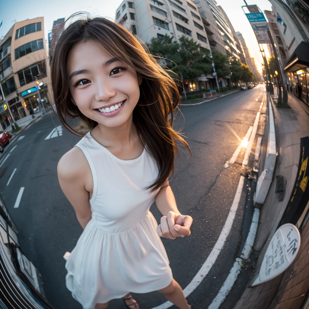 One girl, ((Fisheye, Self snap)), Wind, Dirty hair, sunset, Streetscape, (Aesthetics and atmosphere:1.2),smileの美しい女性、8K、Ultra HD、Japanese、One woman around 20 years old、Brown Hair、smile、((Smiling with white teeth))、