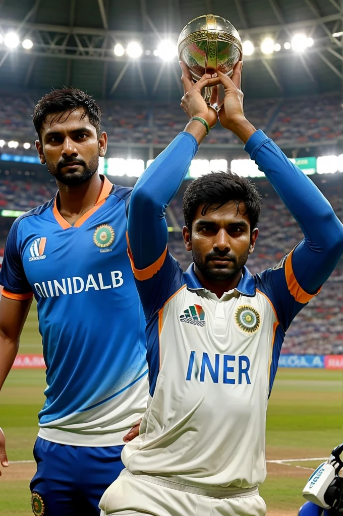 Create an image where an Indian cricket player looks sad while the South African team is holding up the trophy. Write "World Cup 2024" in the background.