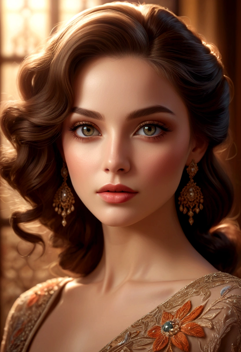 a detailed portrait of a woman with beautiful eyes, elegant lips, long lashes, flawless skin, intricate hairstyle, ethereal expression, elegant dress, serene pose, warm color palette, cinematic lighting, digital art, photorealistic, 8k, highly detailed, masterpiece